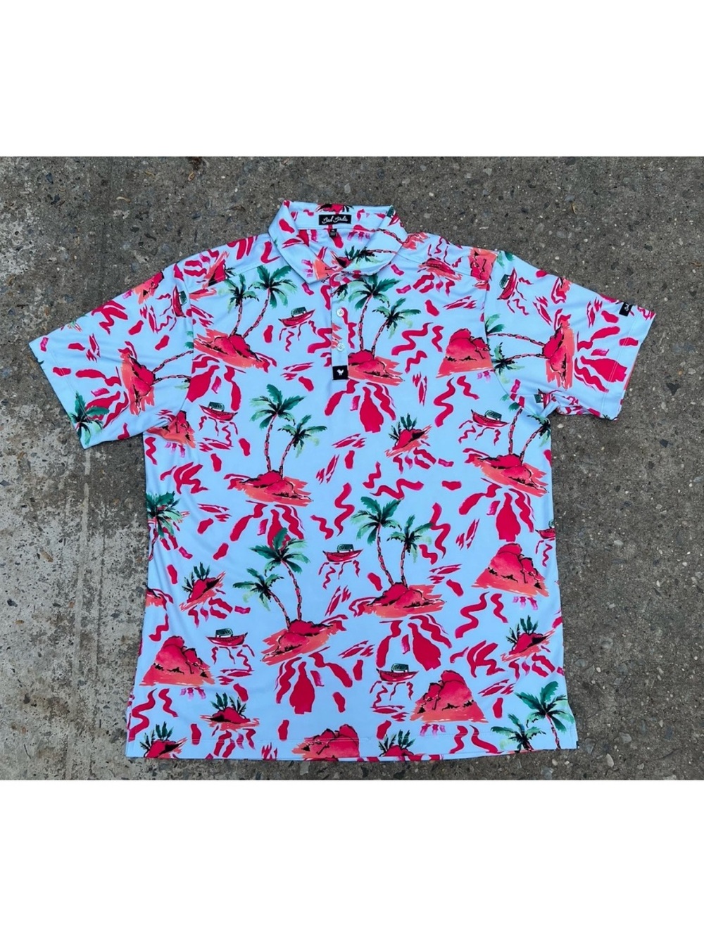 Bad Birdie Golf Palm Trees Polo Vacation Shirt Mens XL Blue/Red